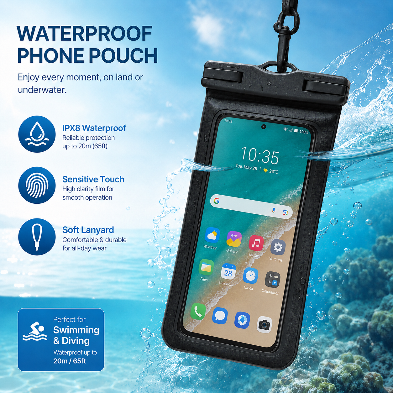 Waterproof Phone Pouch, supports full touch operation and underwater shooting function..