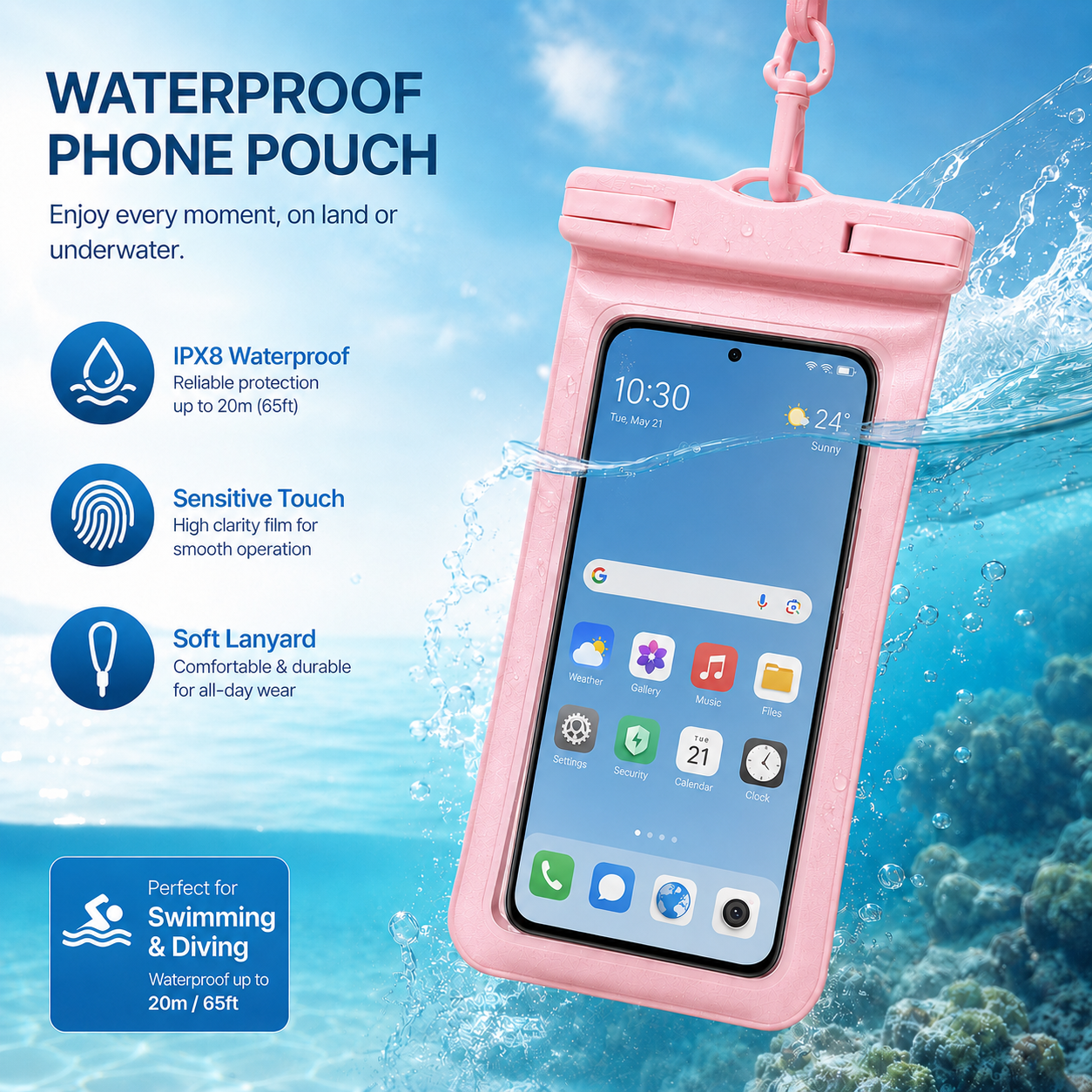 Waterproof Phone Pouch, supports full touch operation and underwater shooting function..