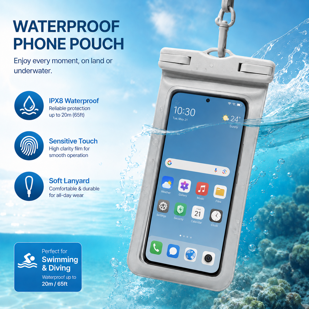 Waterproof Phone Pouch, supports full touch operation and underwater shooting function..