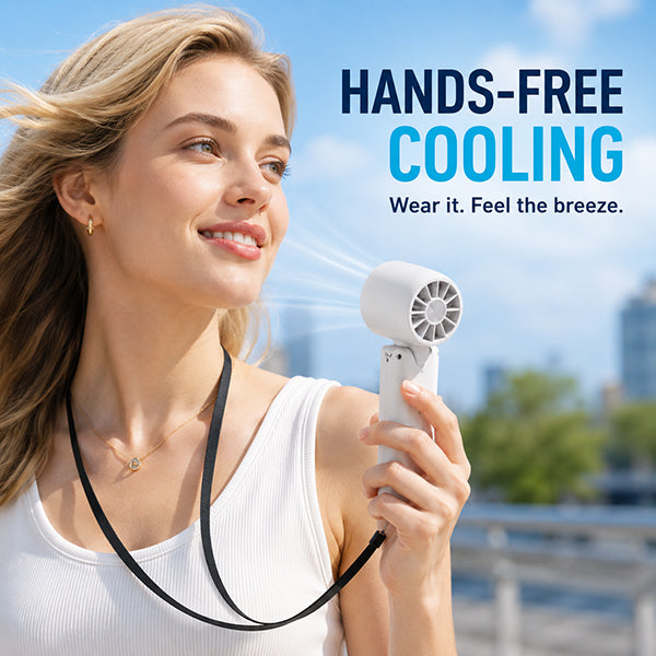 Pocket Size Handheld Neck Fan Foldable Rechargeable Personal Fan for Travel and Office Comfort.