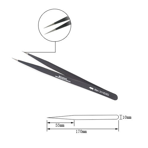 Pro Rhino ESD Safe Stainless Steel Tweezers Super Fine Tip Straight ESD-11 Extended Black