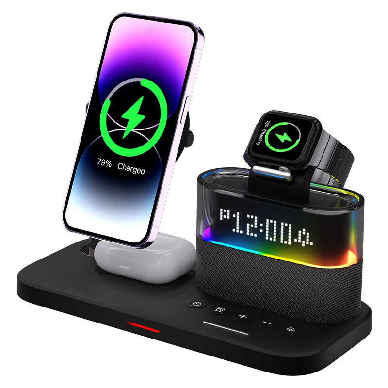 15W fast charging station wireless charger five-in-one for iPhone/Apple Watch/AirPods (with alarm clock + time display)