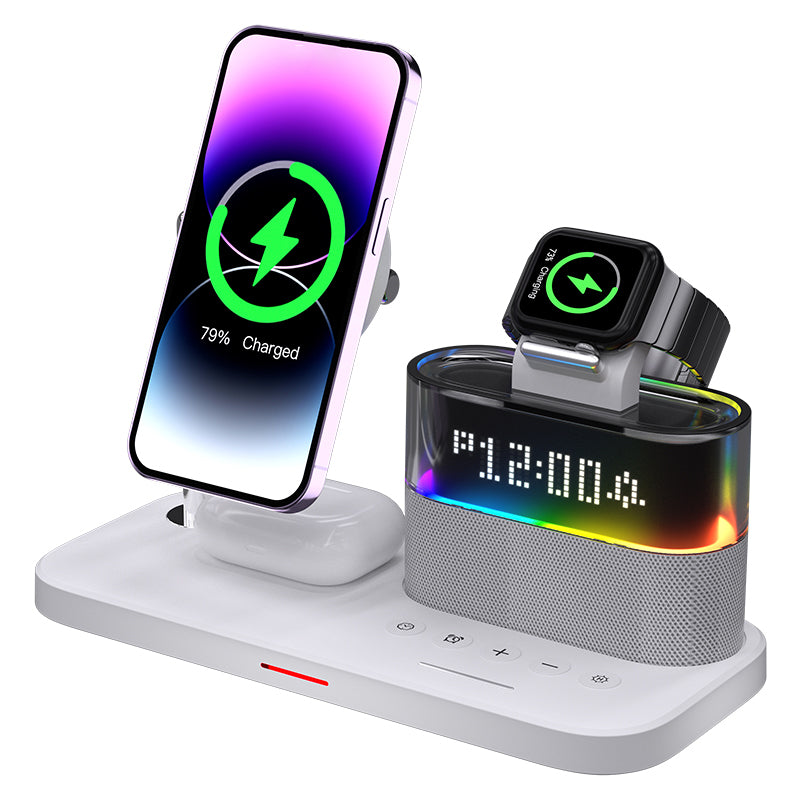 15W fast charging station 5 in 1 wireless charger for Samsung/Google/OnePlus/Sony(with alarm clock + time display)