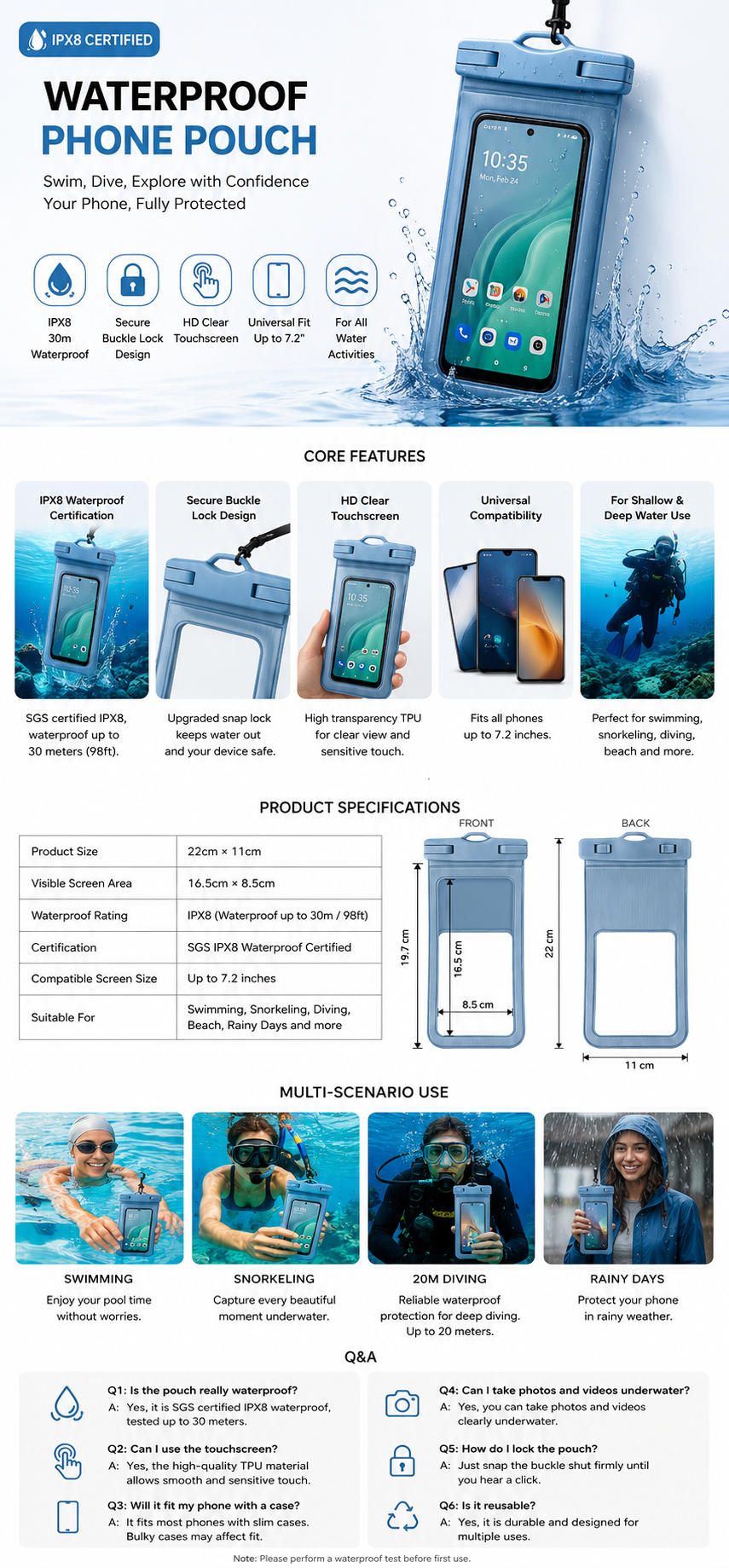 Waterproof Phone Pouch, supports full touch operation and underwater shooting function..