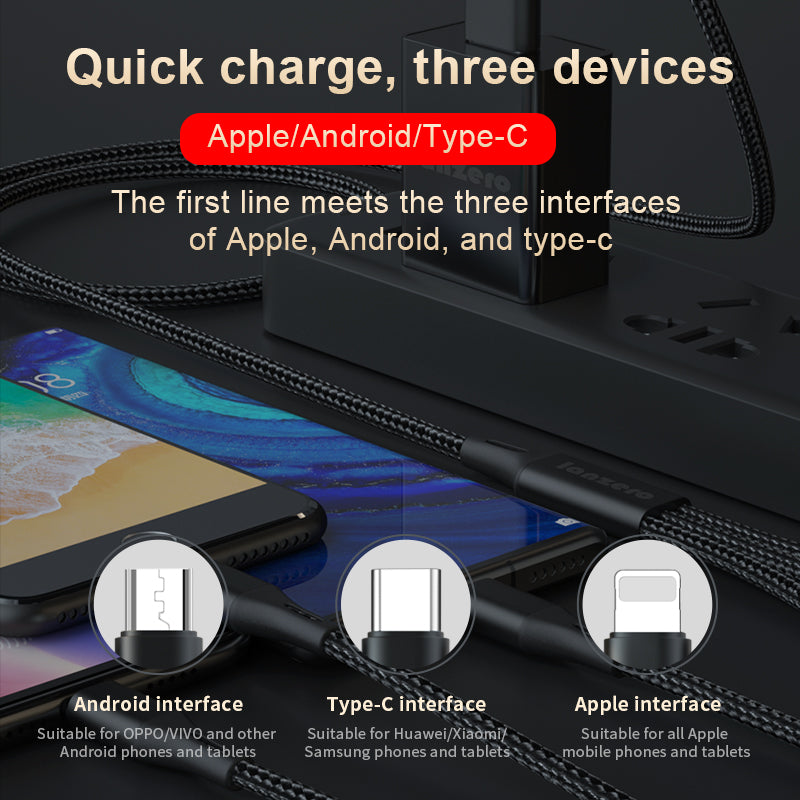 3 in 1 Charger Cable Data Cable USB Cable Universal Charging Cord For Type-C /Micro USB /iPhone