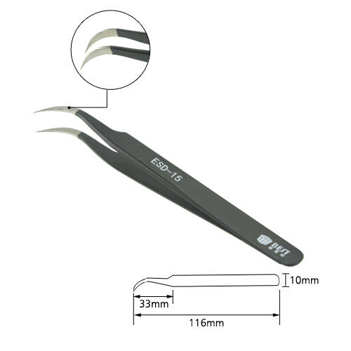 Best ESD Safe Stainless Steel Tweezers Fine Tip Curved ESD-15 Black