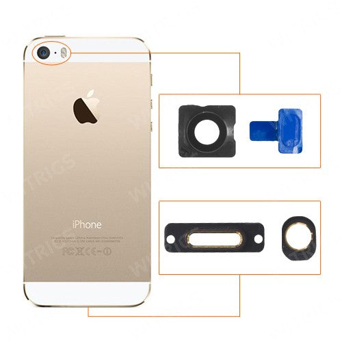 OEM Flash Cover+Camera Lens+Earphone Jack Ring+Charging Port Brackets for iPhone 5S Gold