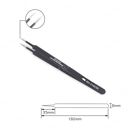Pro Rhino ESD Safe Stainless Steel Tweezers Super Fine Tip Straight ESD-14 Extended Black
