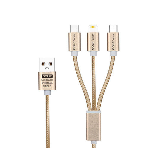 Golf 3 in 1 Braided Quick Charge Sync-Cable Gold